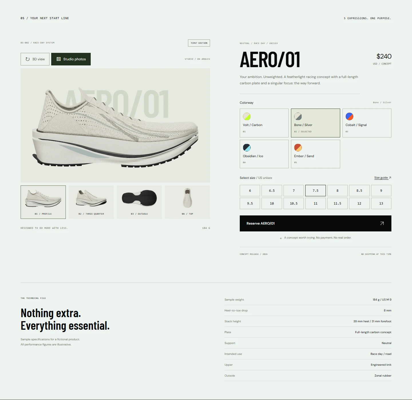 The live AERO/01 product selector showing studio views, five colorways, sizes, and sample specifications
