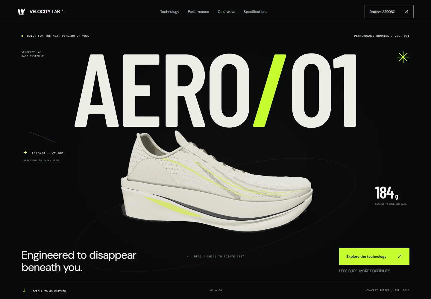 The live AERO/01 homepage, with oversized type, lime accents, and its interactive running shoe