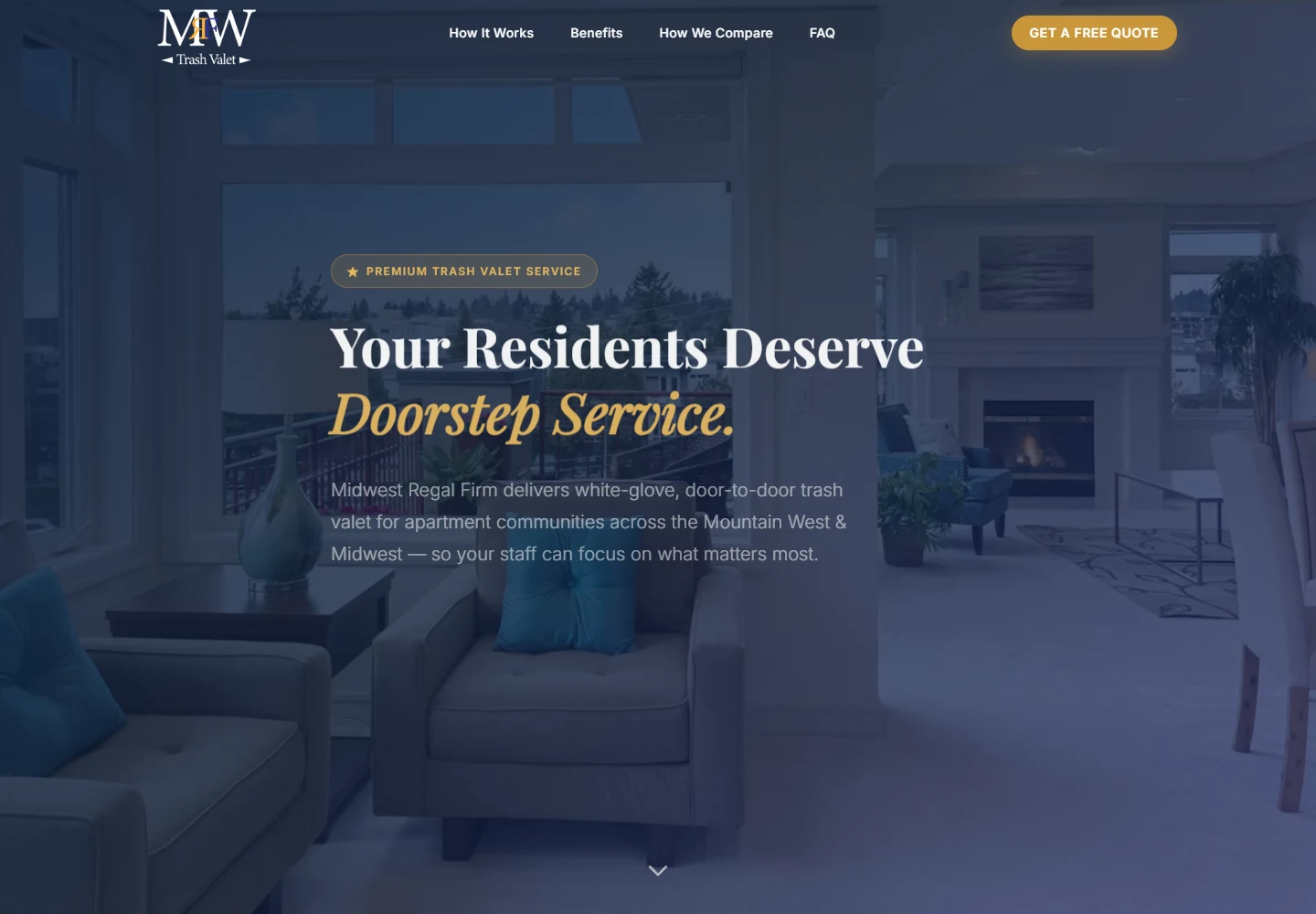 Midwest Regal Firm’s live homepage, with a navy and gold doorstep-service headline over apartment imagery